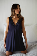(Bundle) Lace Trim V-Neck Nightie + Modal Robe NAVY