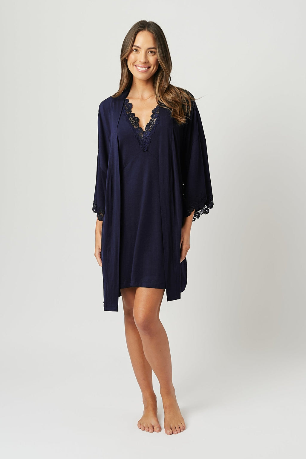 (Bundle) Lace Trim V-Neck Nightie + Modal Robe NAVY