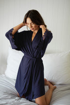 (Bundle) Lace Trim V-Neck Nightie + Modal Robe NAVY