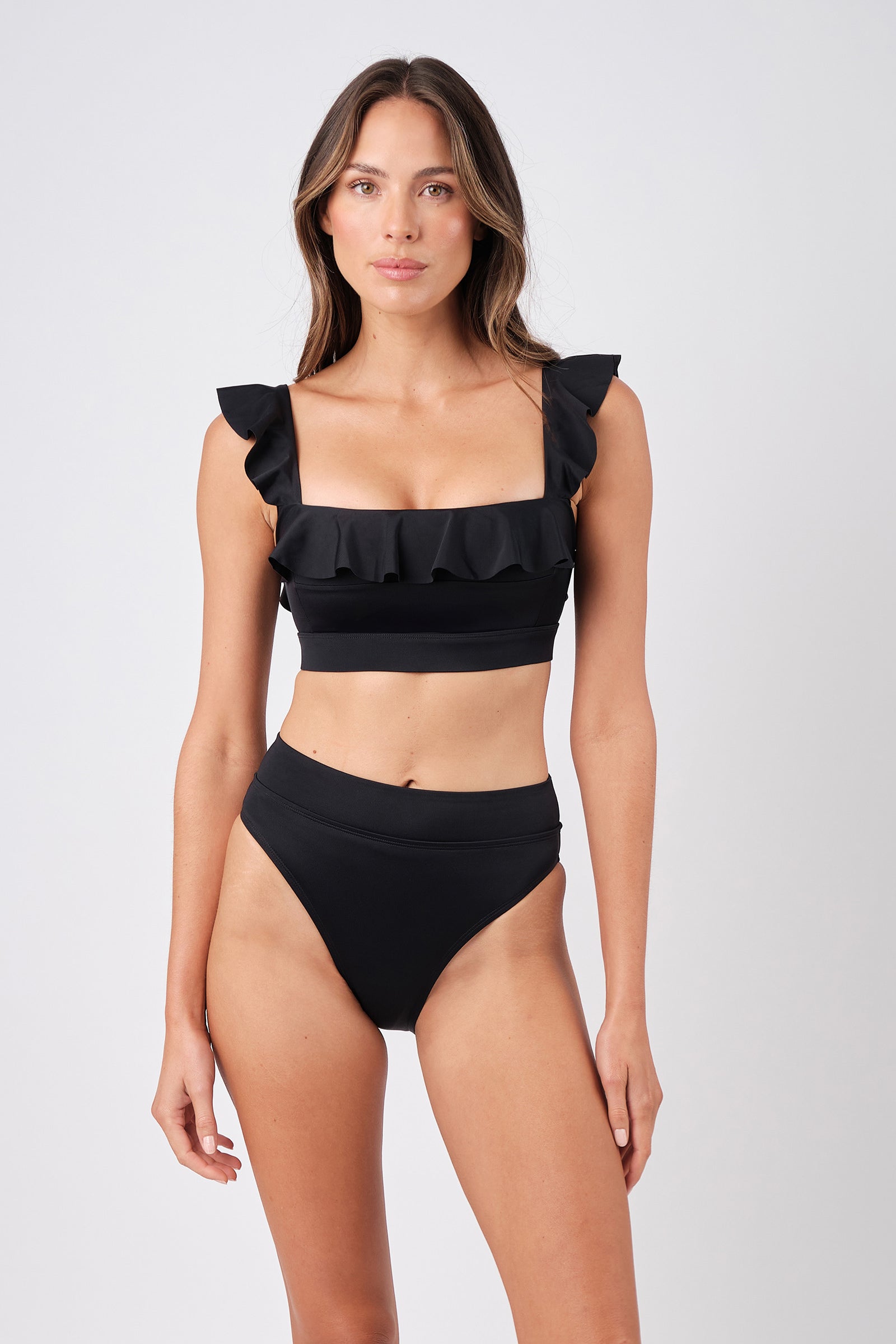 Classic Square Neck Bikini Bralette with Frill BLACK