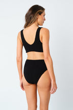 Crinkle Cut High-Waisted Bikini Bottom BLACK