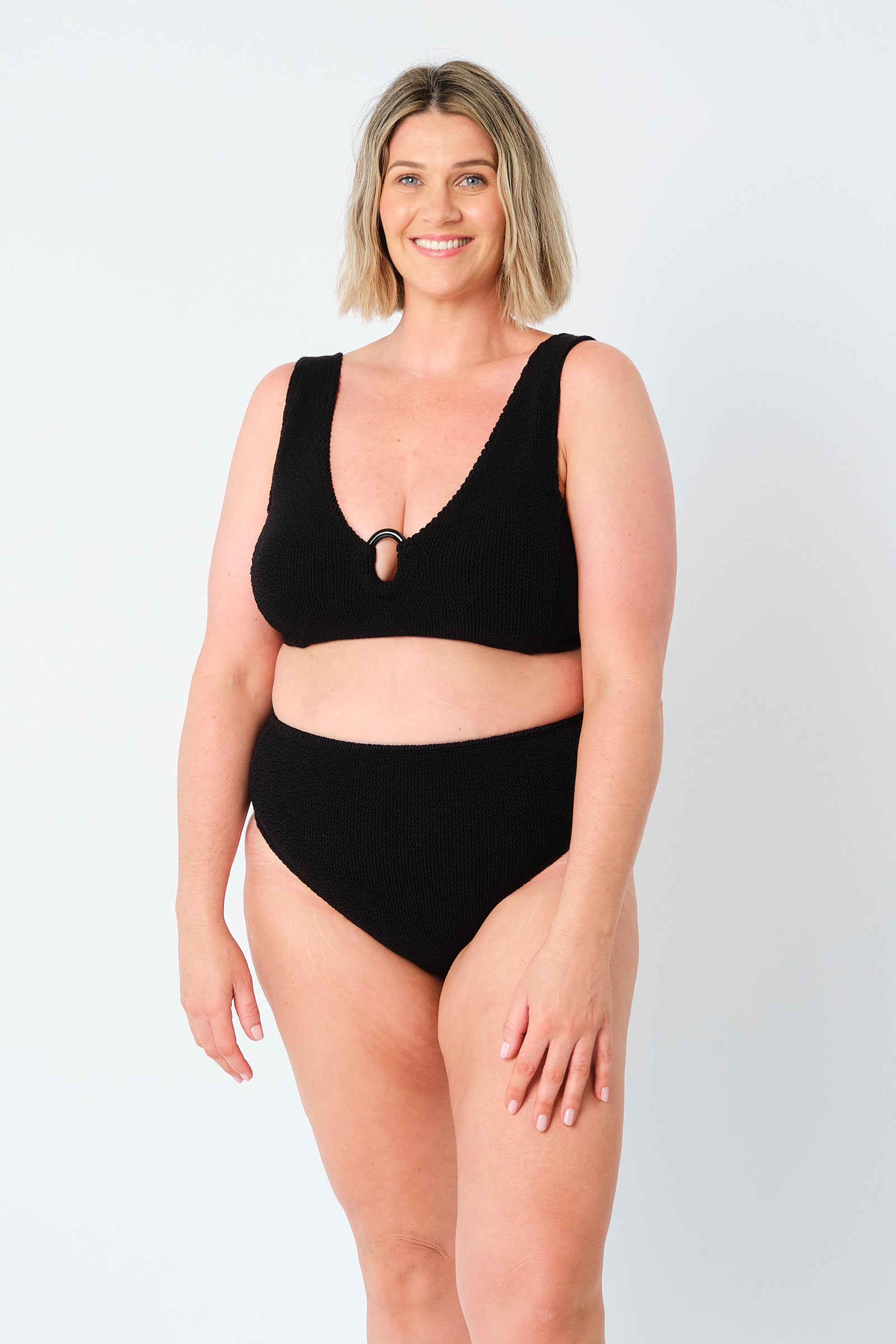 Crinkle Cut High-Waisted Bikini Bottom BLACK
