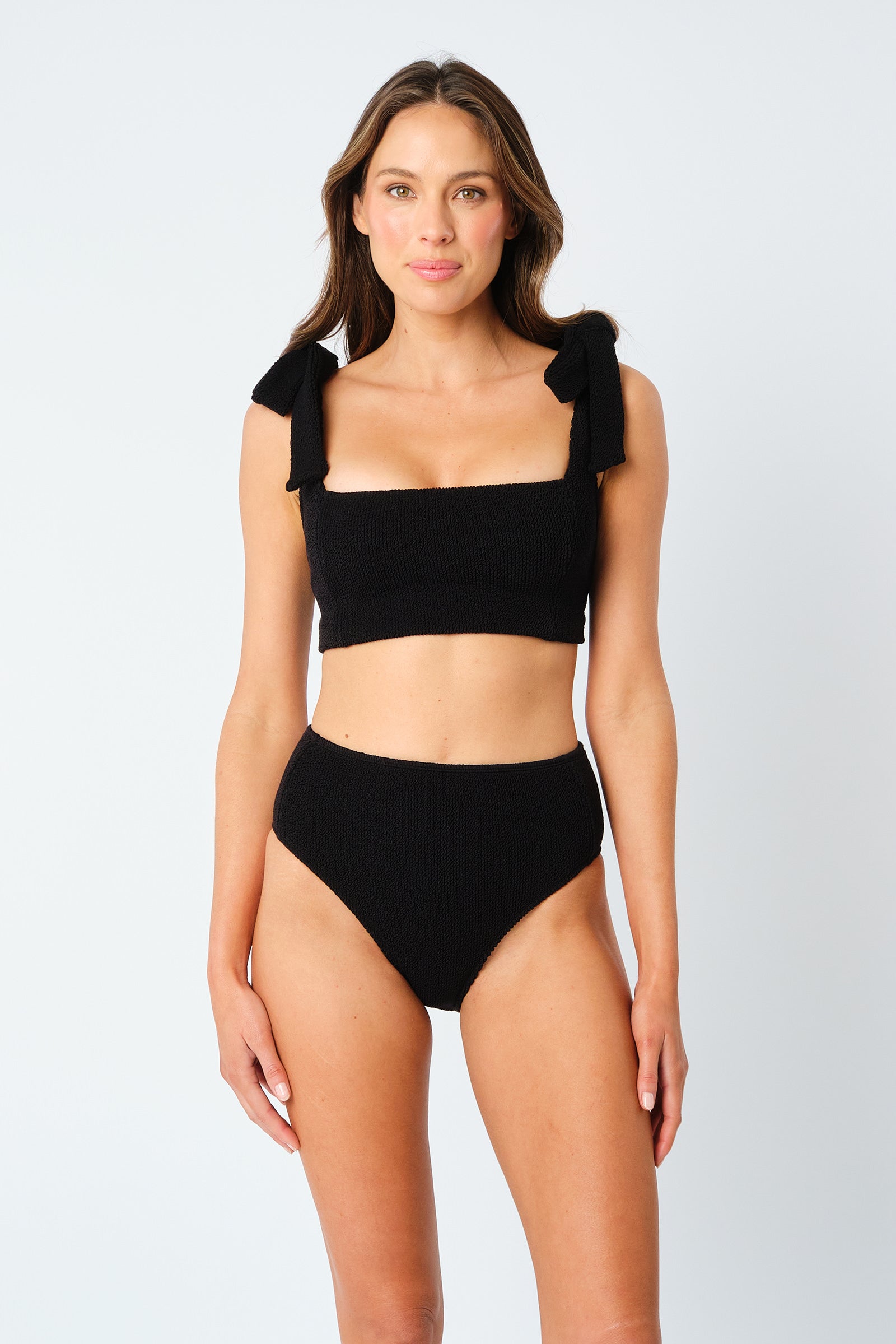 Crinkle Cut High-Waisted Bikini Bottom BLACK