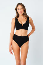 Crinkle Cut High-Waisted Bikini Bottom BLACK