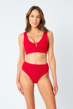 Crinkle Cut High-Waisted Bikini Bottom RED