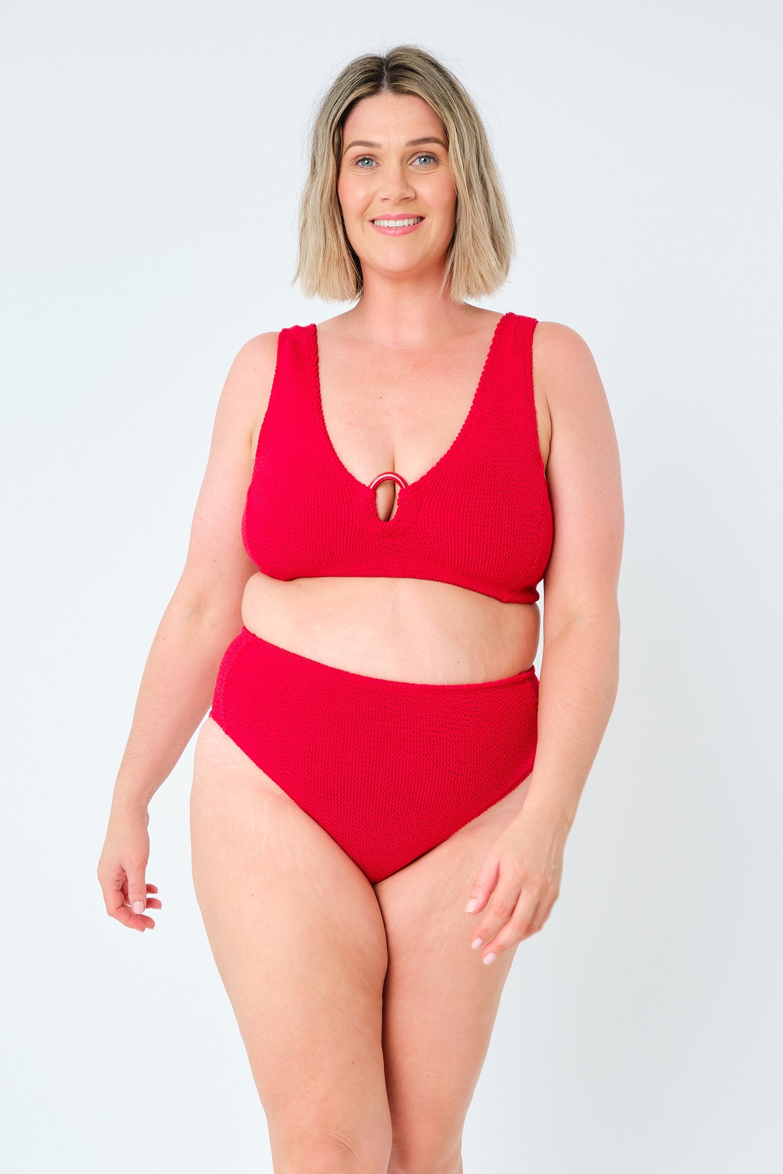 Crinkle Cut High-Waisted Bikini Bottom RED