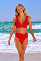Crinkle Cut High-Waisted Bikini Bottom RED