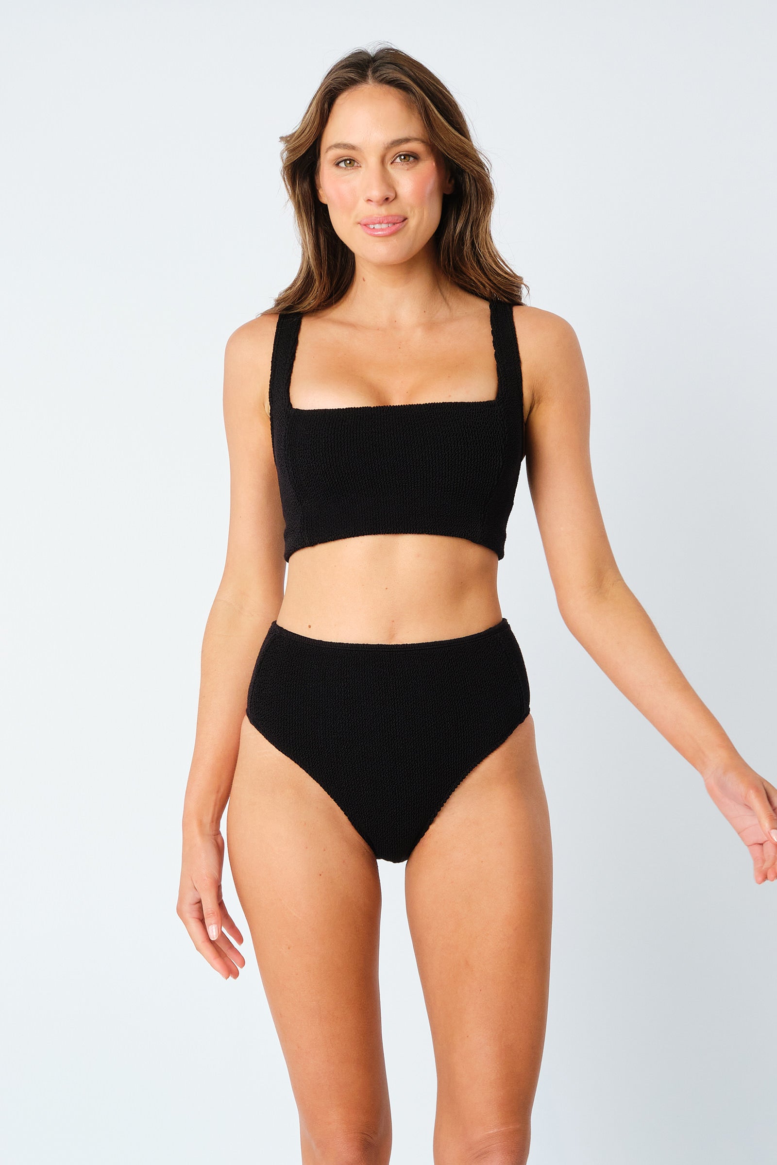 Crinkle Cut Square Neck Bikini Bralette BLACK