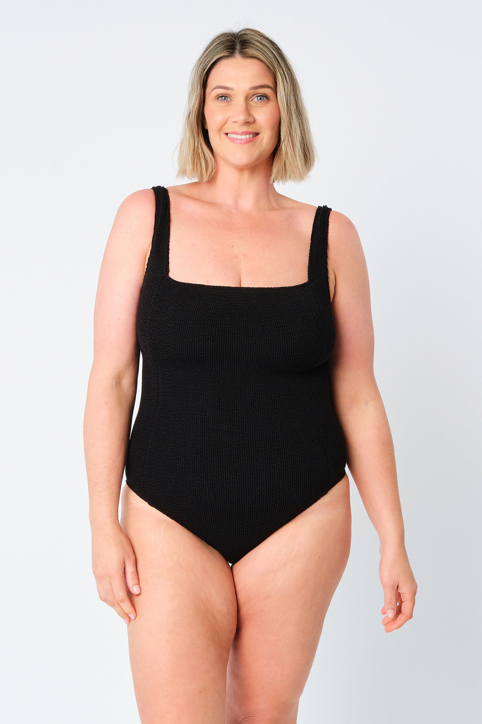 Crinkle Cut Square Neck One Piece BLACK