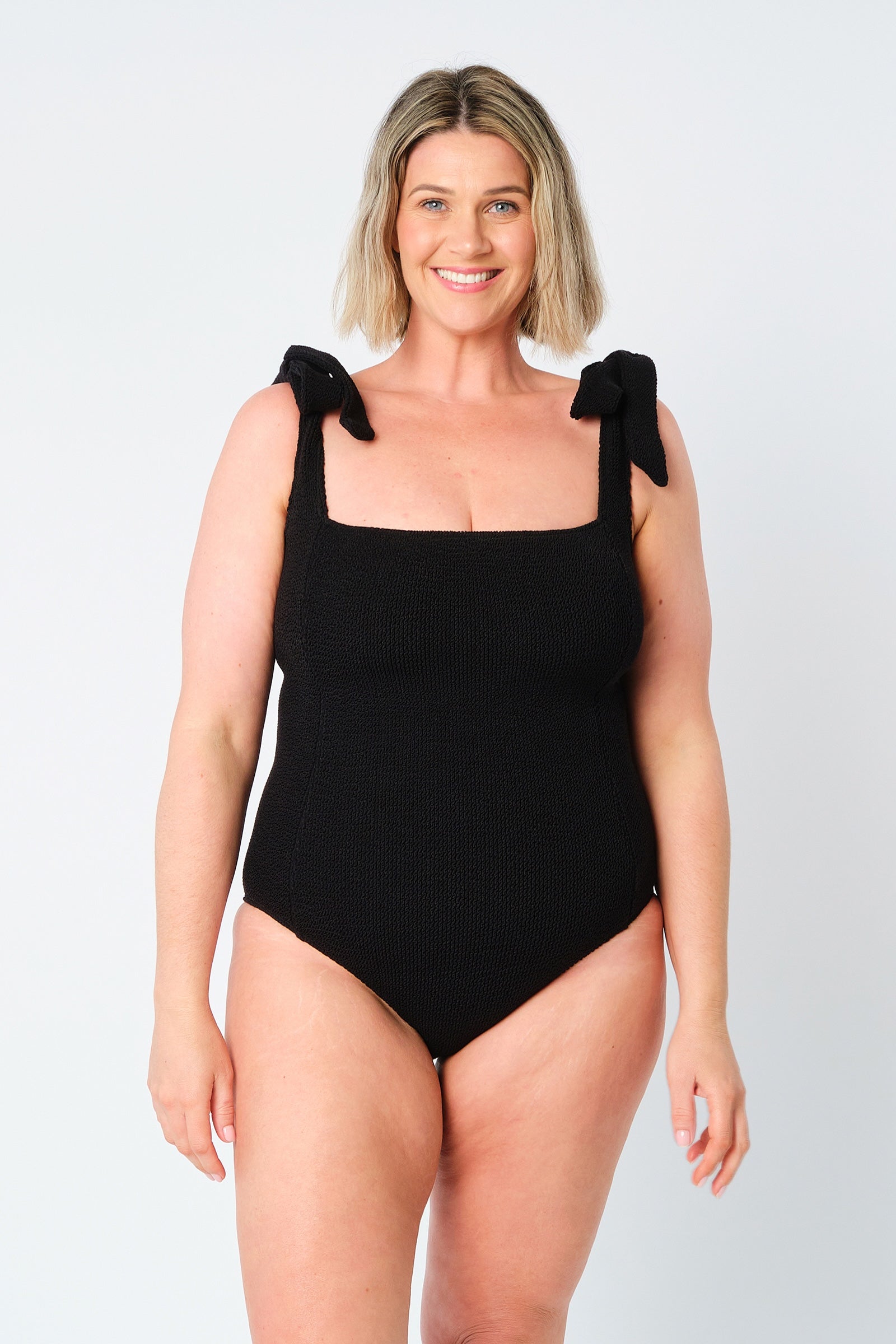 Crinkle Cut Square Neck One Piece BLACK