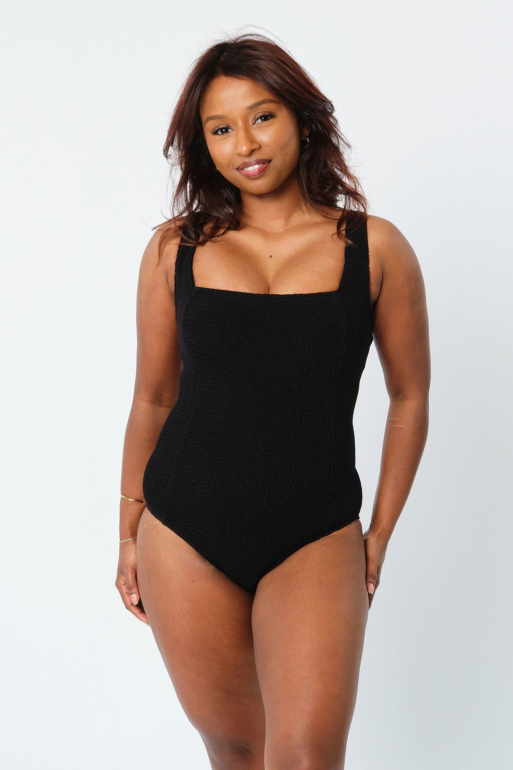 Crinkle Cut Square Neck One Piece BLACK