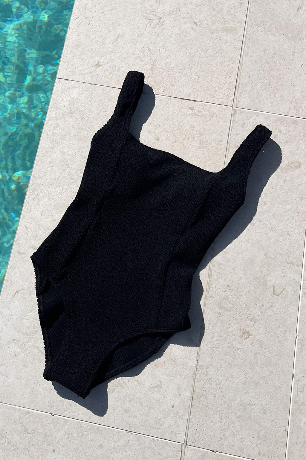 Crinkle Cut Square Neck One Piece BLACK