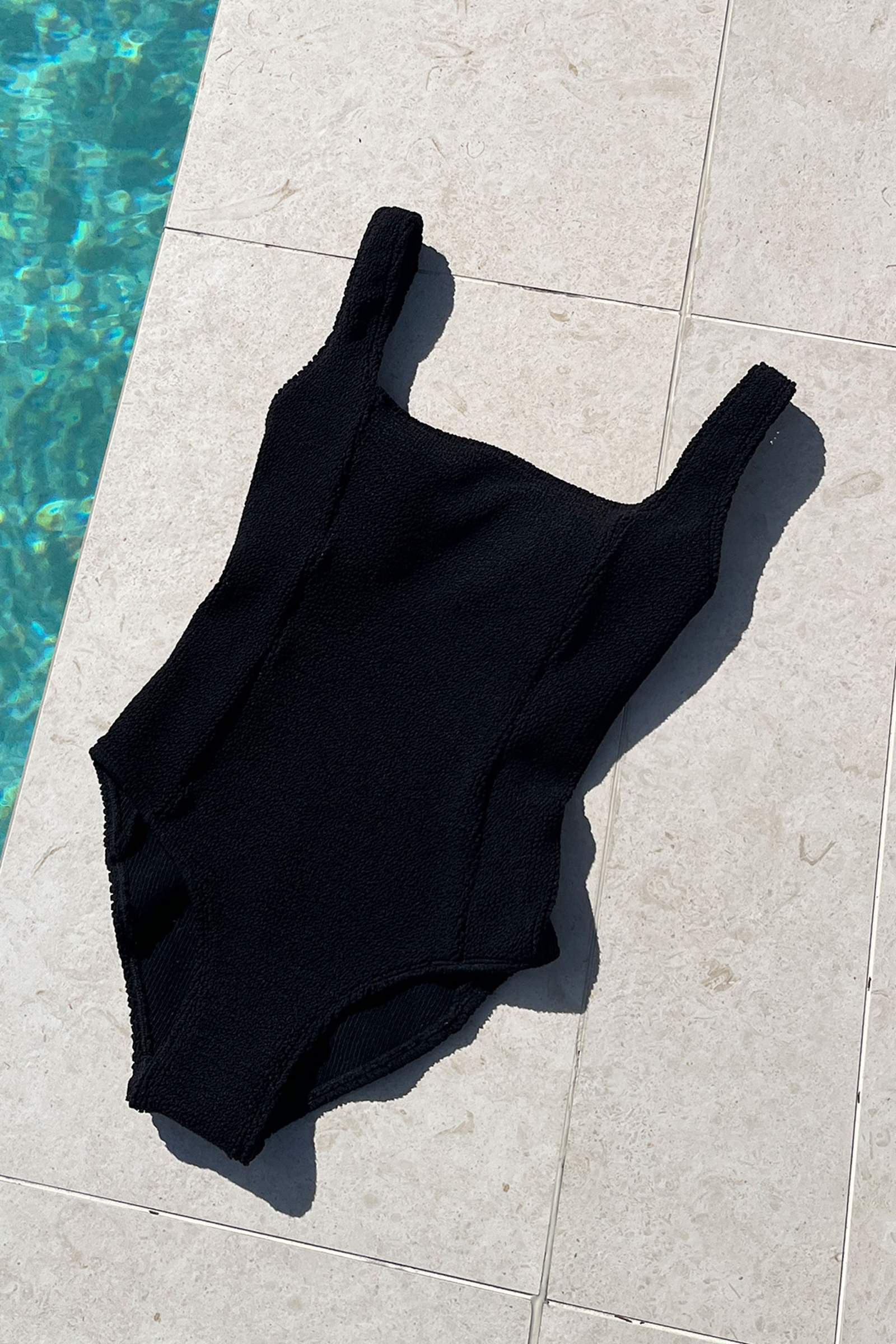 Crinkle Cut Square Neck One Piece BLACK