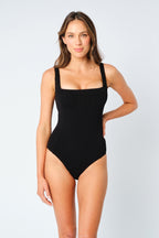 Crinkle Cut Square Neck One Piece BLACK