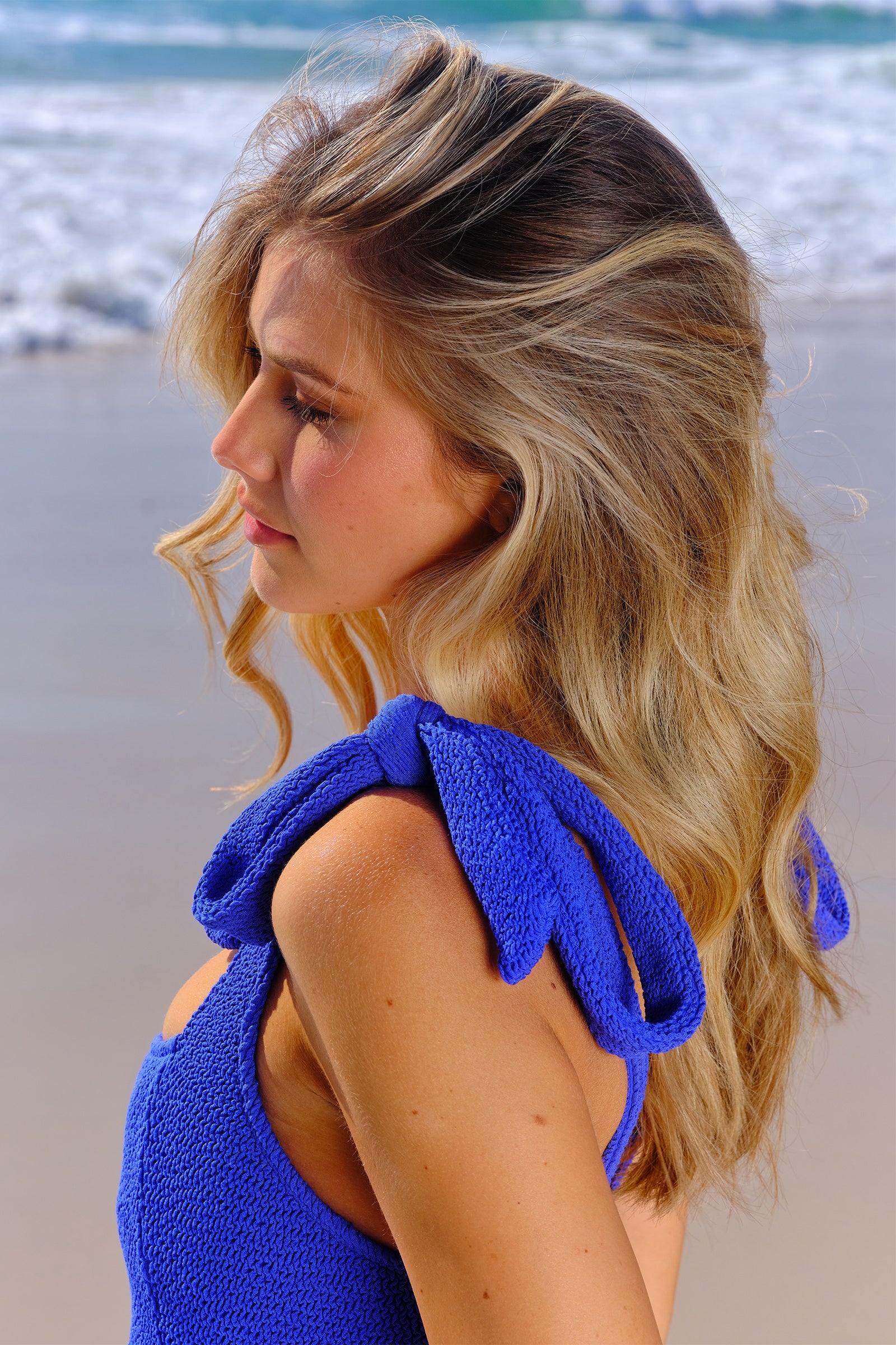 Crinkle Cut Square Neck One Piece COBALT BLUE