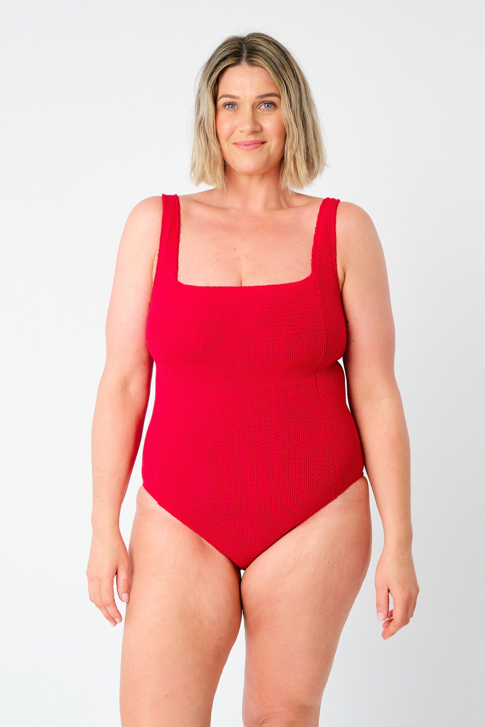 Crinkle Cut Square Neck One Piece RED