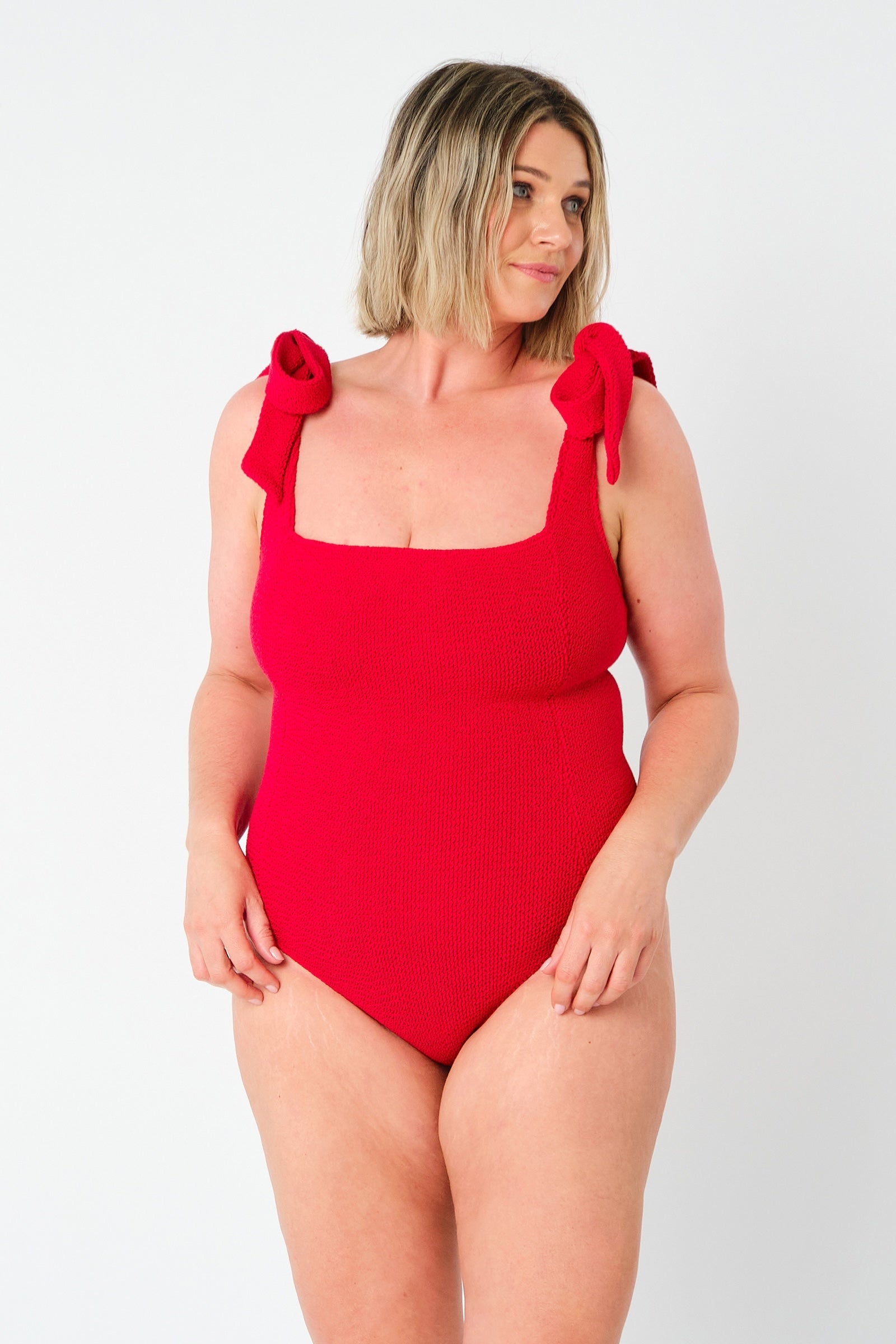 Crinkle Cut Square Neck One Piece RED