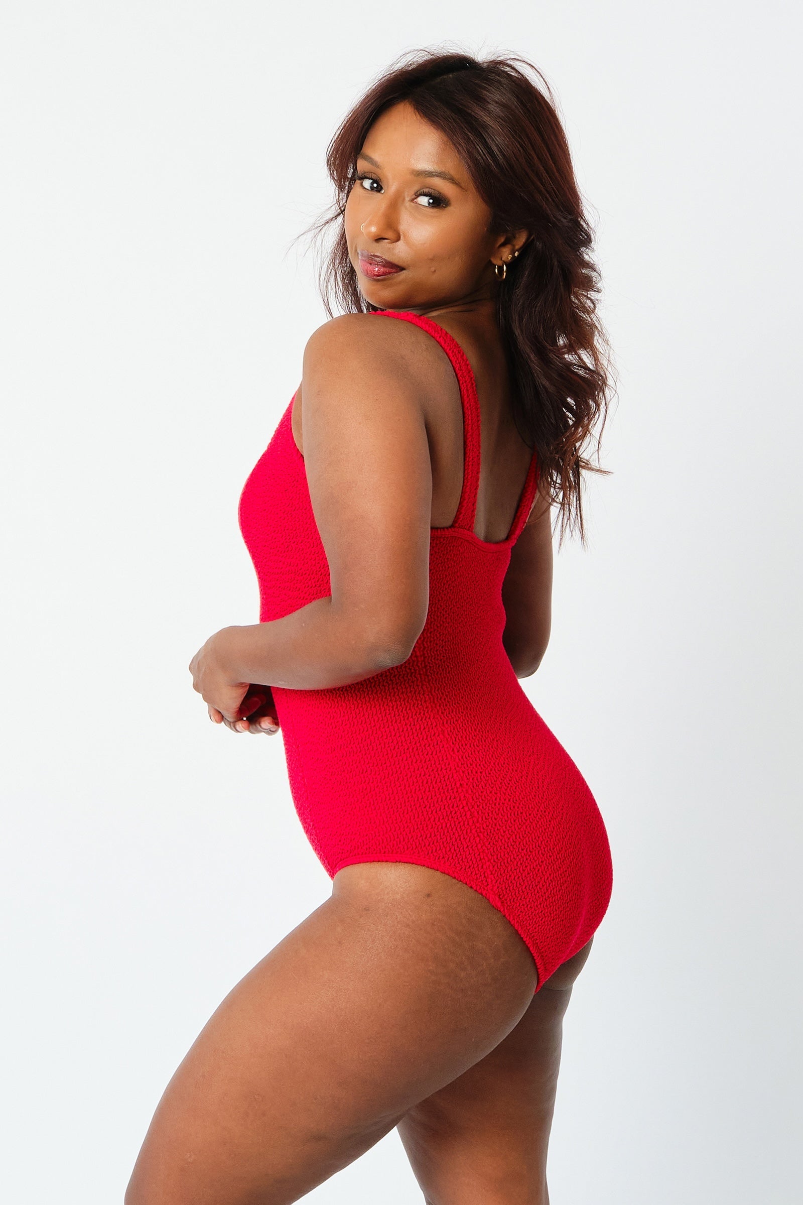 Crinkle Cut Square Neck One Piece RED