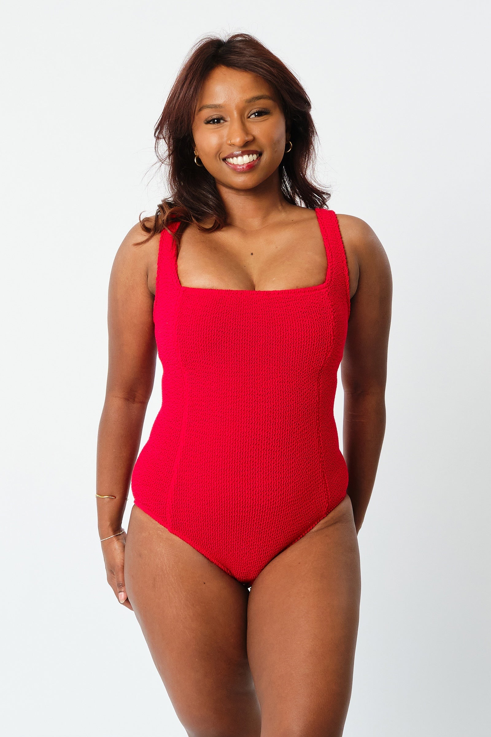 Crinkle Cut Square Neck One Piece RED