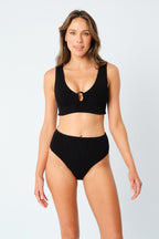 Crinkle Cut V-Neck Bikini Bralette with Ring BLACK