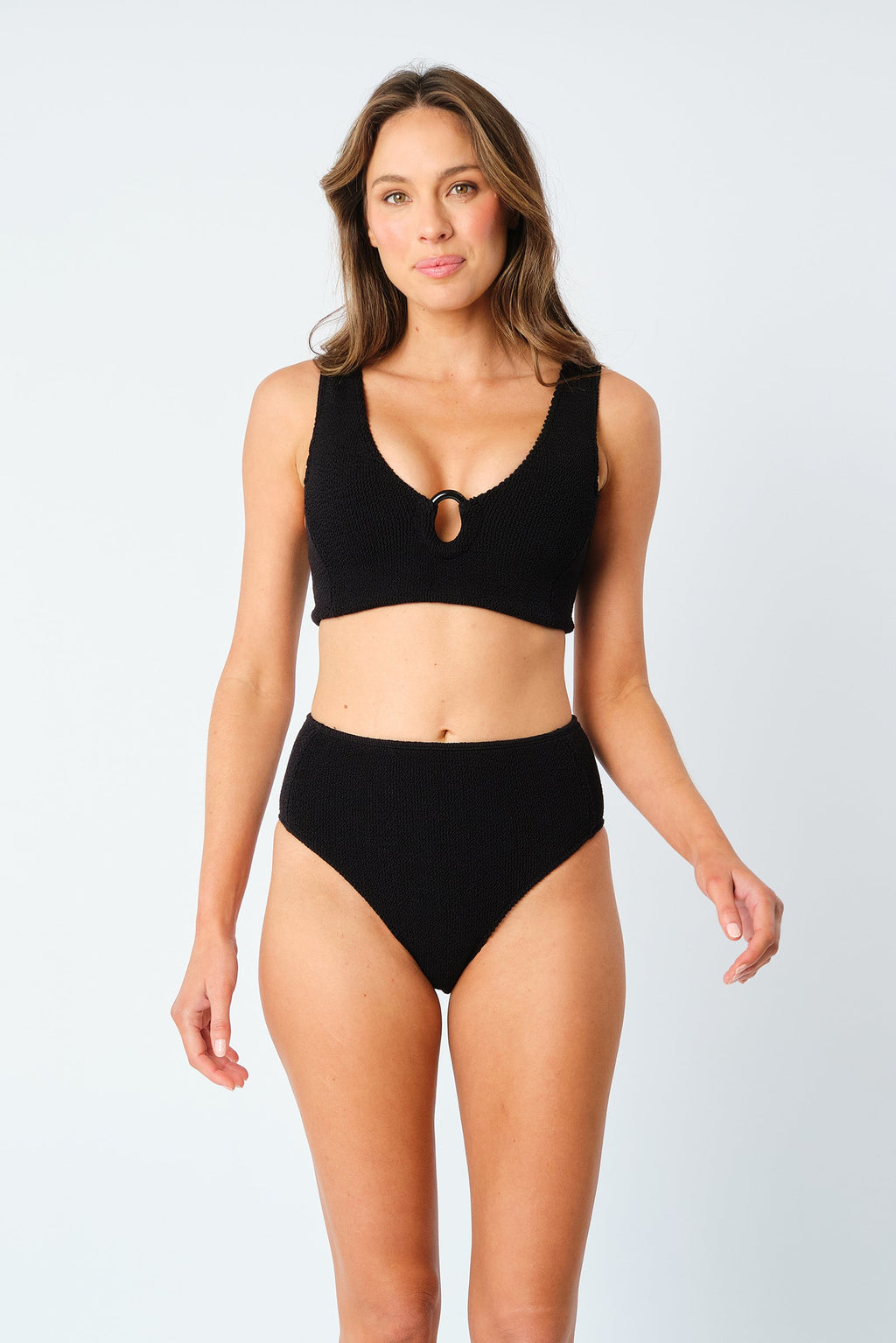 Crinkle Cut V-Neck Bikini Bralette with Ring BLACK
