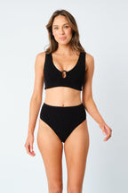 Crinkle Cut V-Neck Bikini Bralette with Ring BLACK