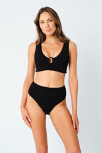 Crinkle Cut V-Neck Bikini Bralette with Ring BLACK