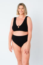 Crinkle Cut V-Neck Bikini Bralette with Ring BLACK