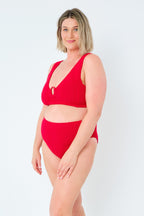 Crinkle Cut V-Neck Bikini Bralette with Ring RED