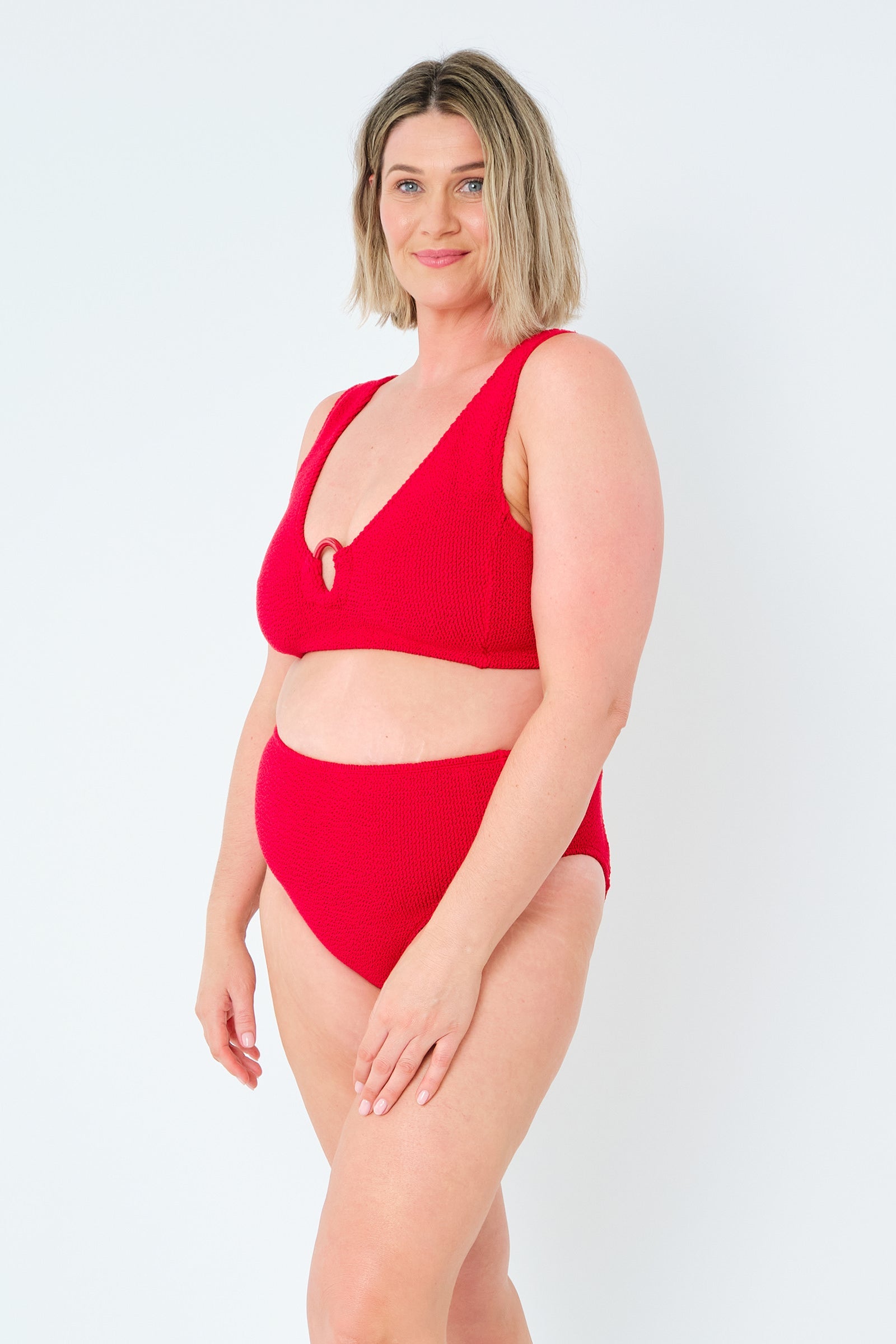 Crinkle Cut V-Neck Bikini Bralette with Ring RED