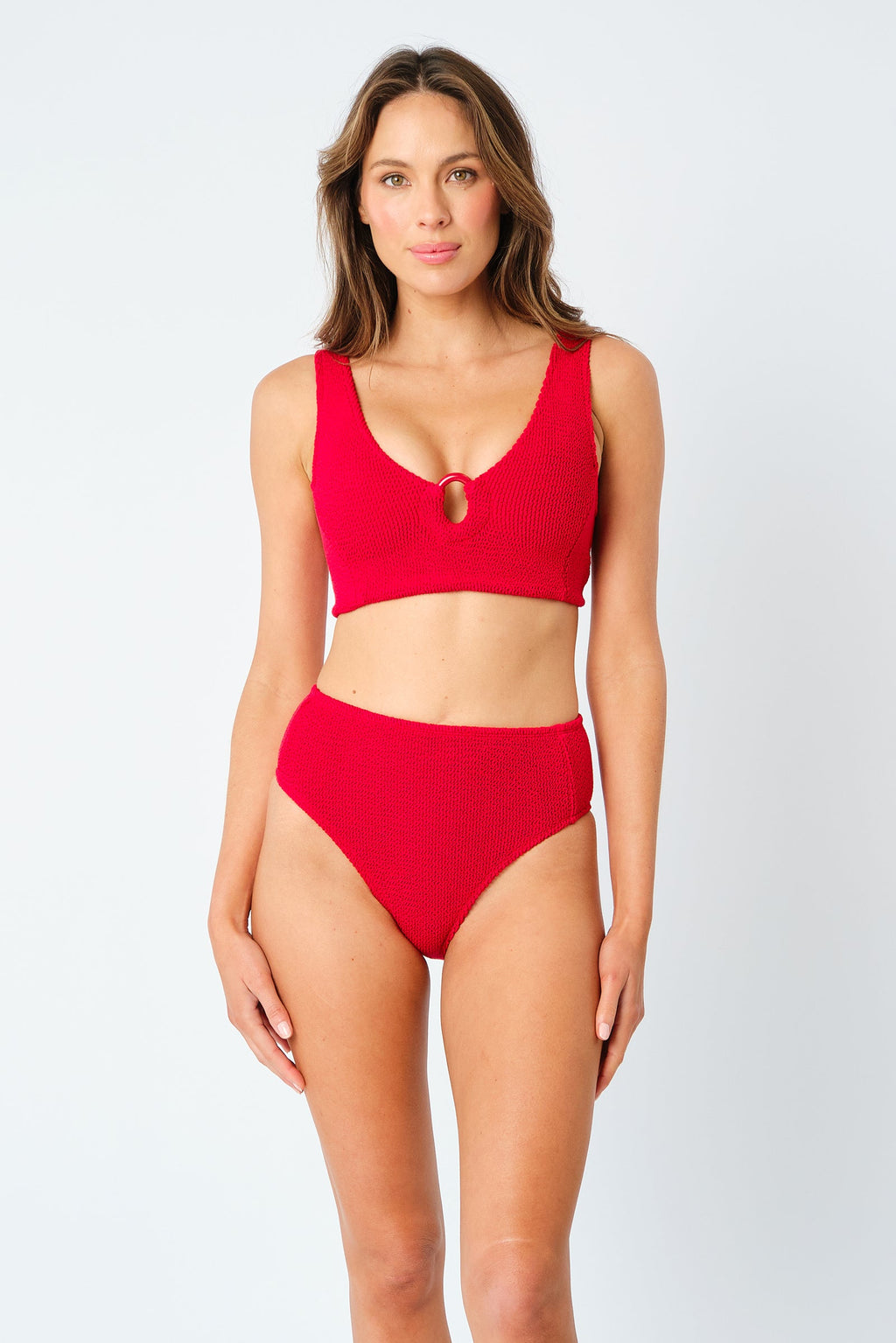 Crinkle Cut V-Neck Bikini Bralette with Ring RED