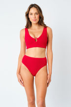 Crinkle Cut V-Neck Bikini Bralette with Ring RED