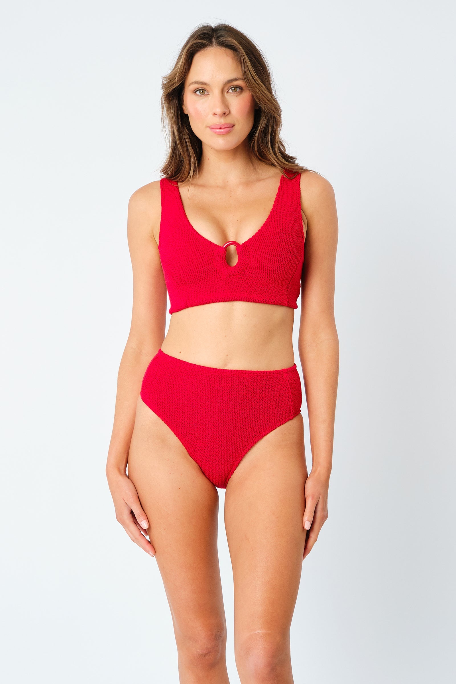 Crinkle Cut V-Neck Bikini Bralette with Ring RED