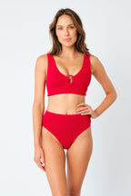 Crinkle Cut V-Neck Bikini Bralette with Ring RED
