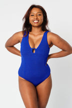 Crinkle Cut V-Neck One Piece with Ring COBALT BLUE