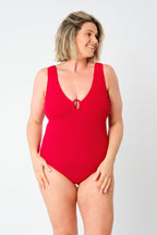 Crinkle Cut V-Neck One Piece with Ring RED