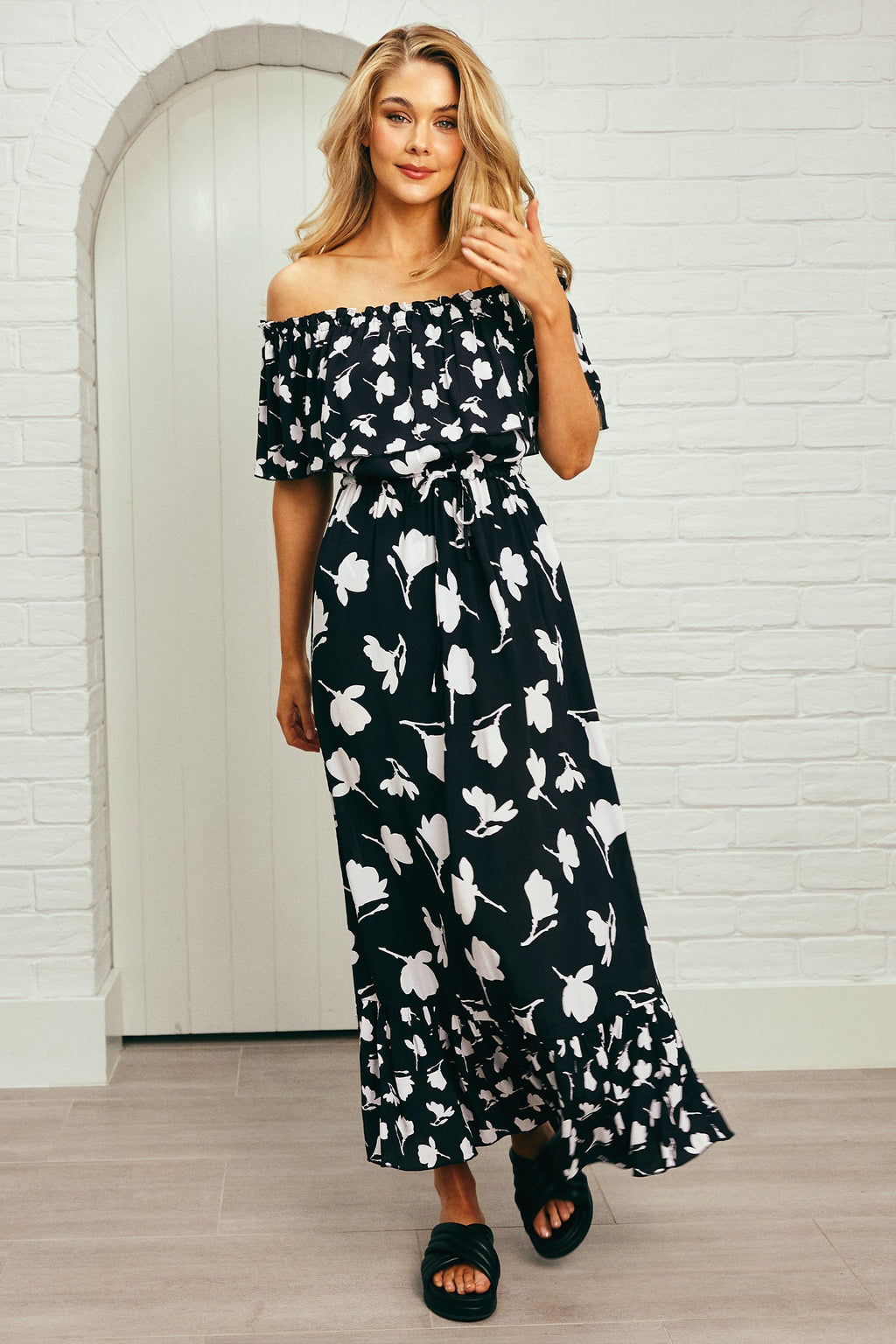 Frill Off-Shoulder Maxi Dress MAGNOLIA SILHOUETTE BLACK