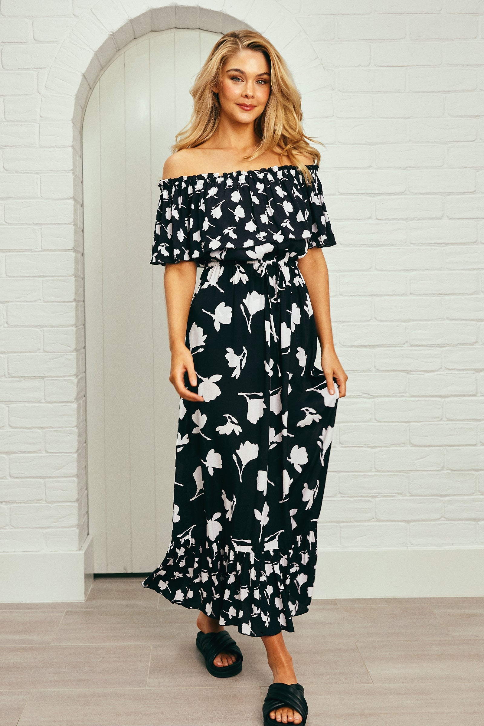 Frill Off-Shoulder Maxi Dress MAGNOLIA SILHOUETTE BLACK