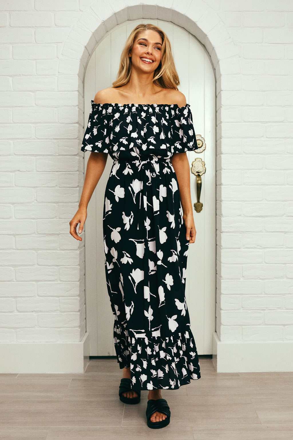 Frill Off-Shoulder Maxi Dress MAGNOLIA SILHOUETTE BLACK