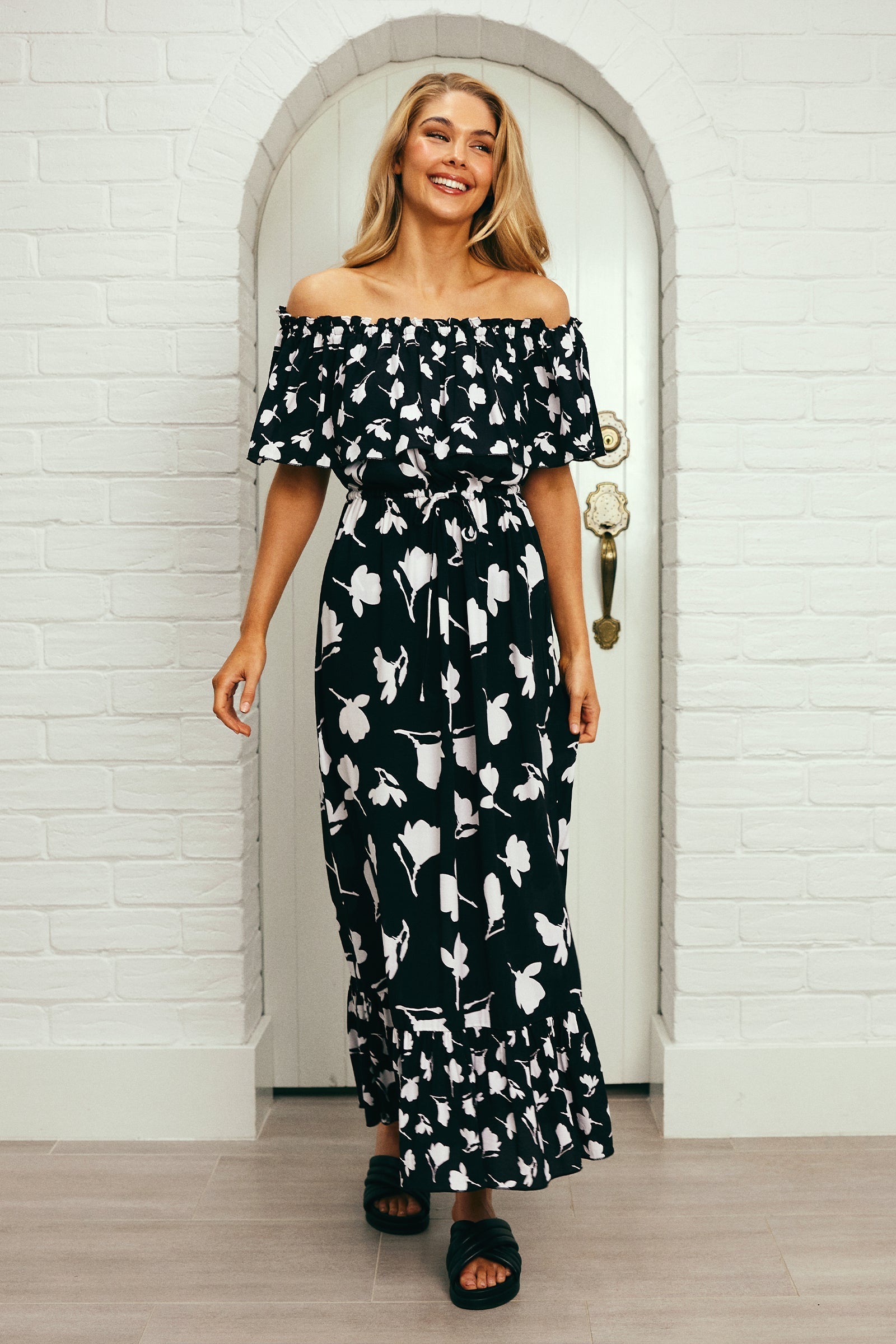 Frill Off-Shoulder Maxi Dress MAGNOLIA SILHOUETTE BLACK