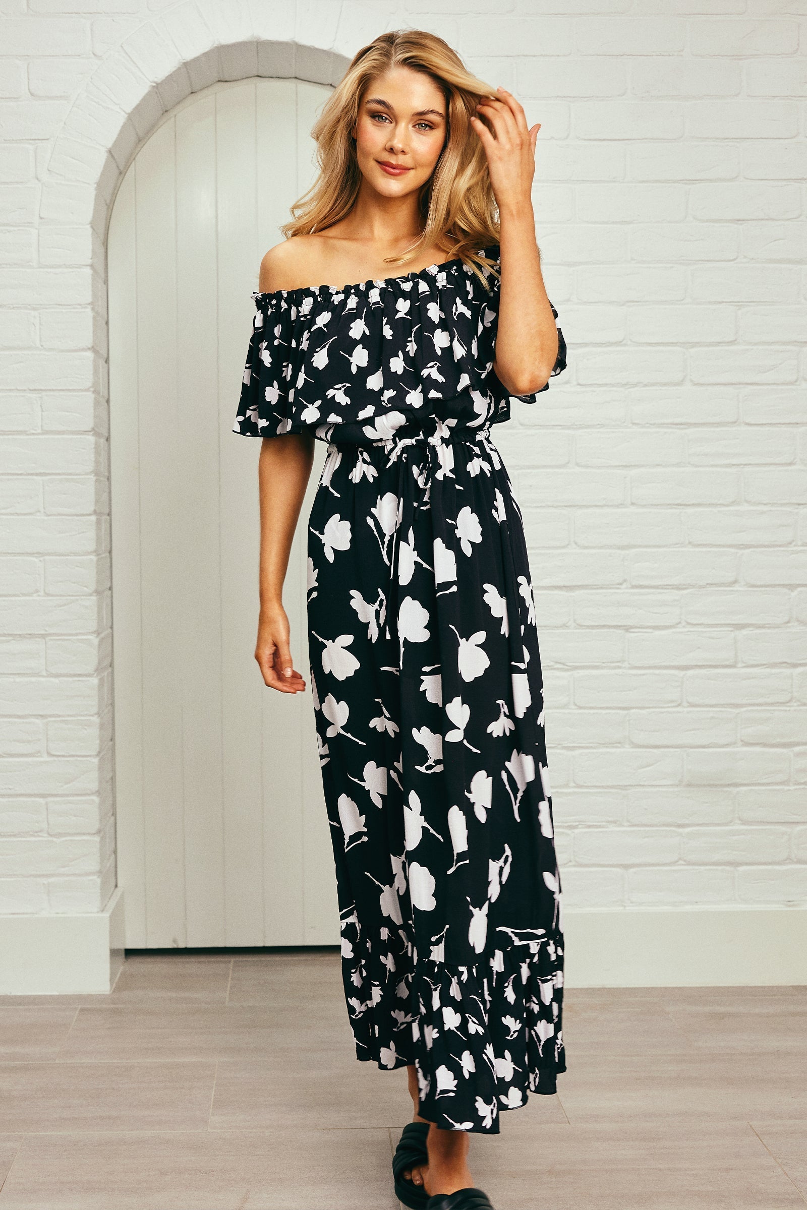 Frill Off-Shoulder Maxi Dress MAGNOLIA SILHOUETTE BLACK