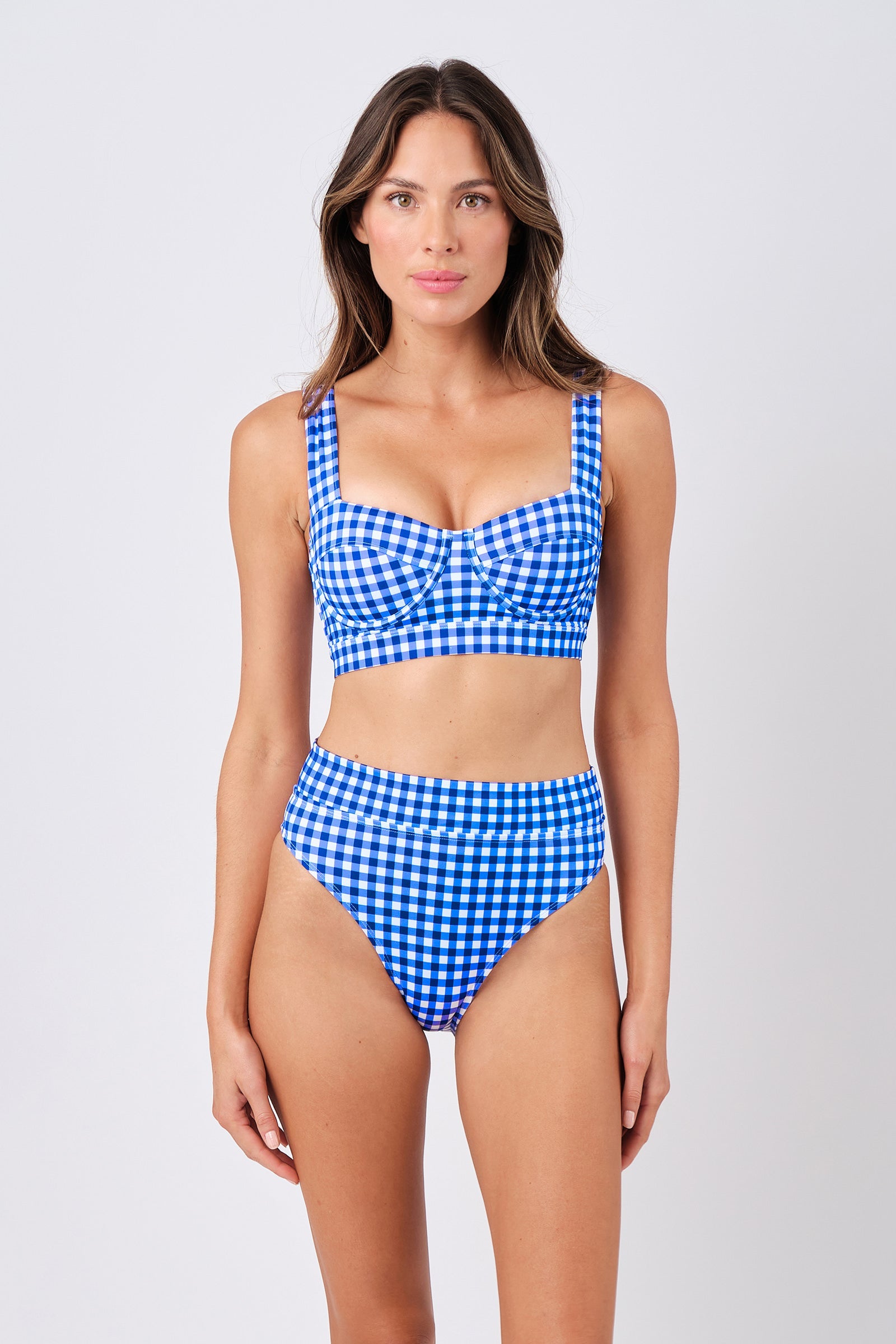 High-Cut High-Waisted Bikini Bottom COBALT BLUE GINGHAM