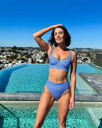 High-Cut High-Waisted Bikini Bottom COBALT BLUE GINGHAM