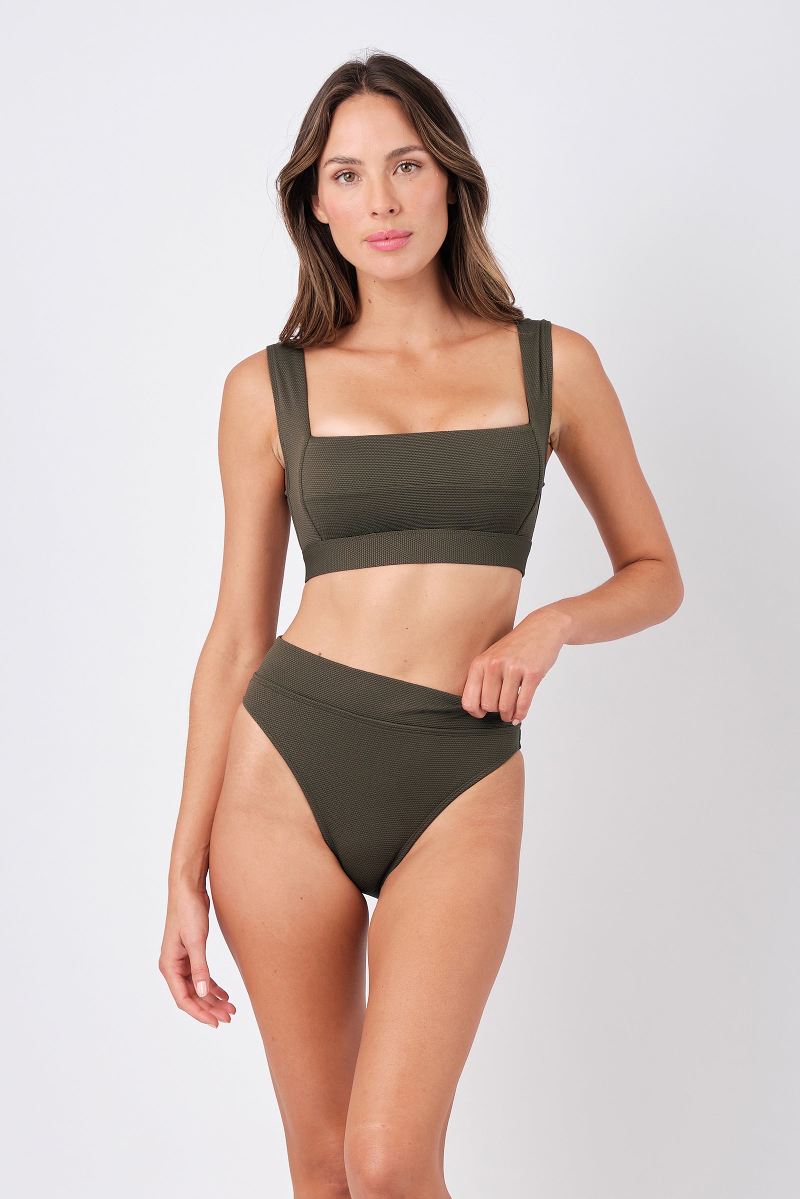 High-Cut High-Waisted Bikini Bottom KHAKI TEXTURE