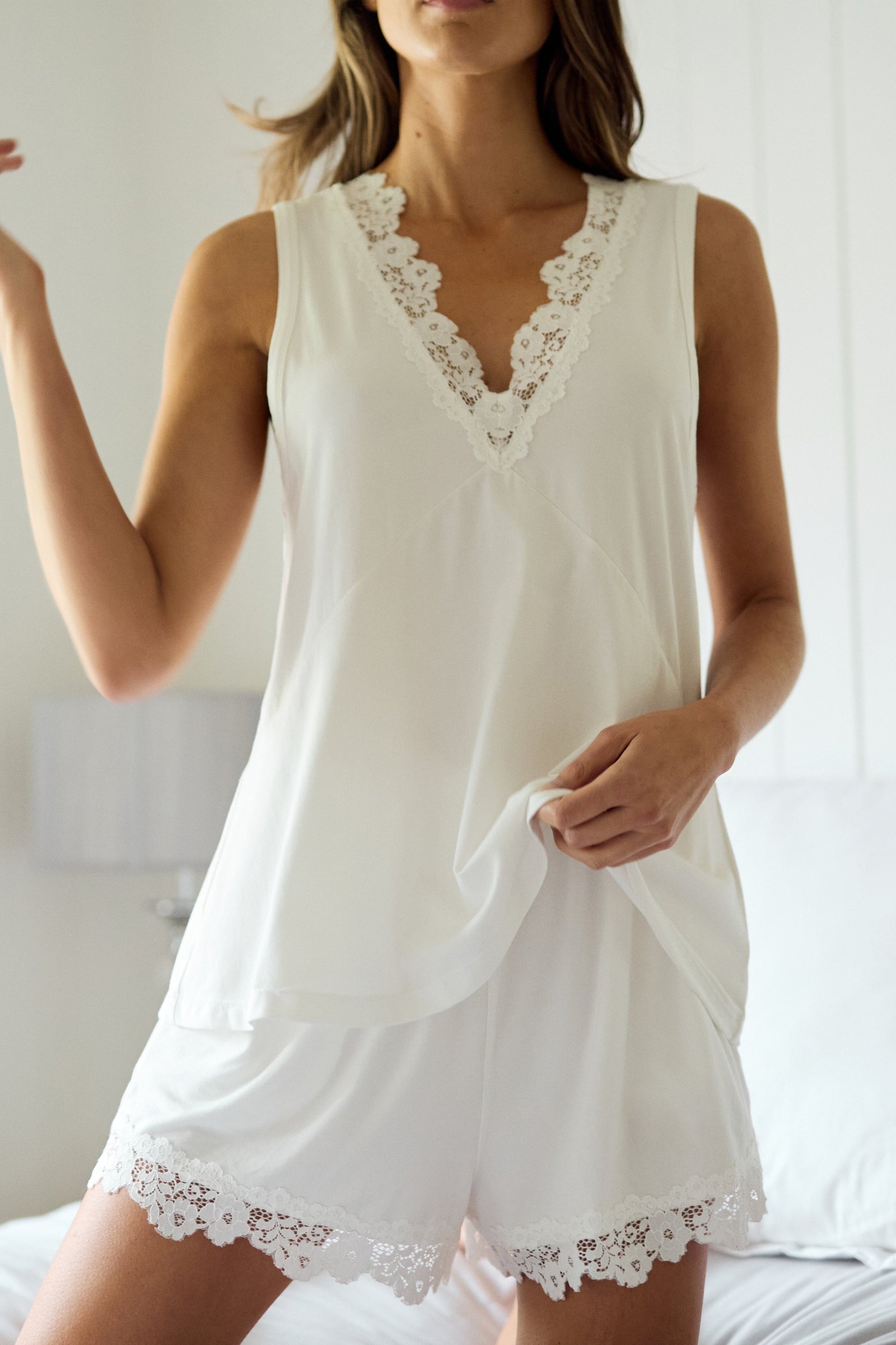 Lace Trim Cami + Shorts Sleep Pyjama Set IVORY
