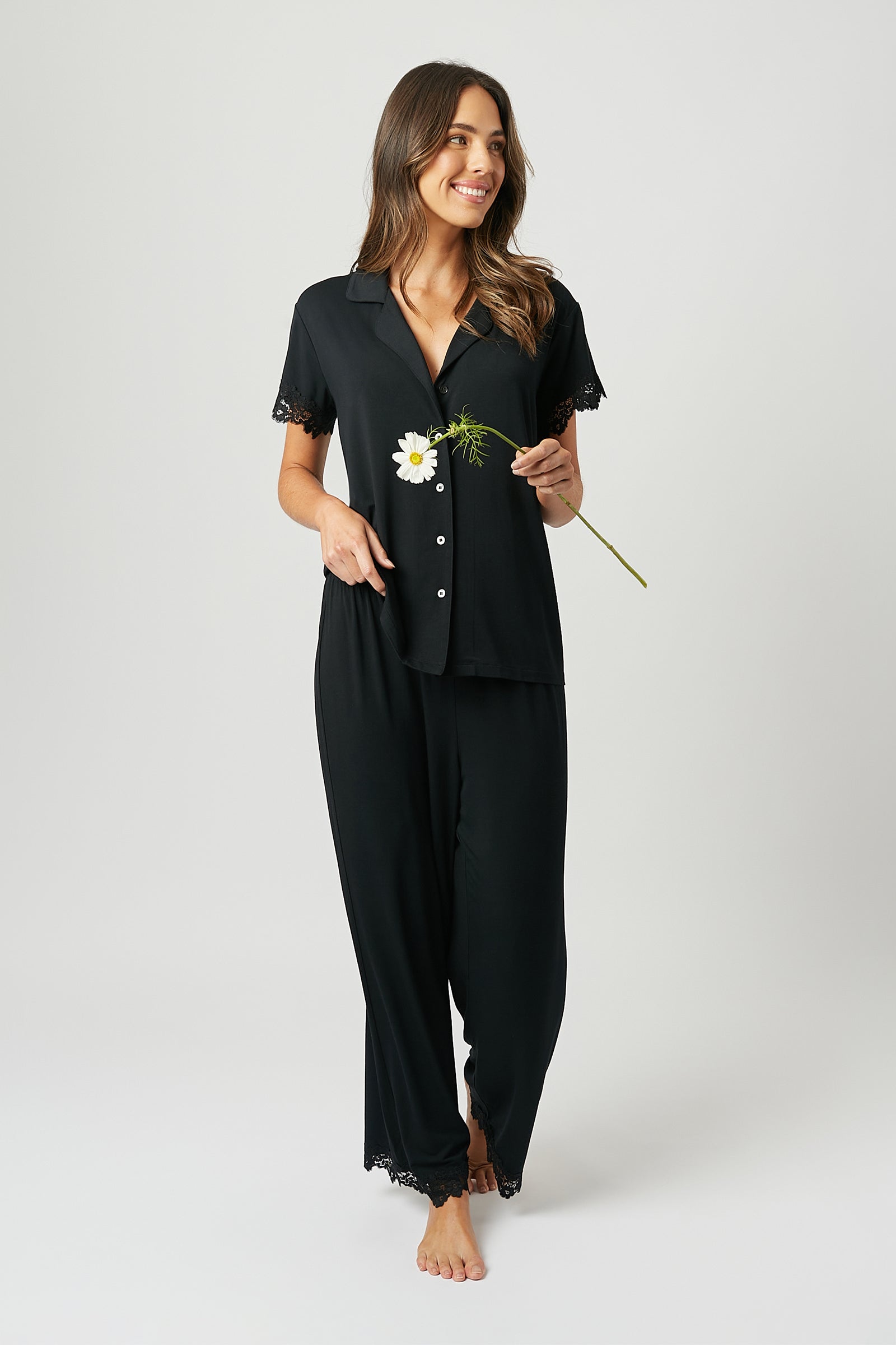 Lace Trim Modal Full Length Pyjama Set BLACK