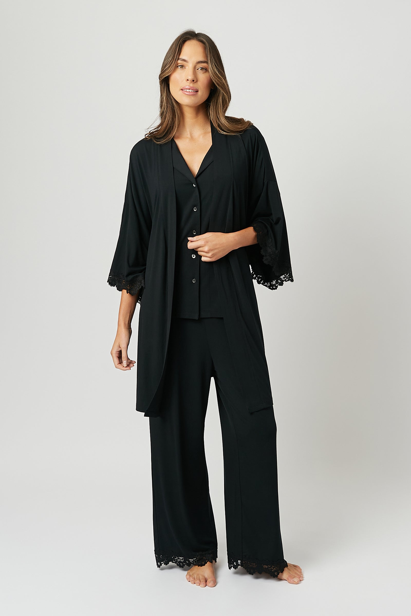 Lace Trim Modal Full Length Pyjama Set BLACK