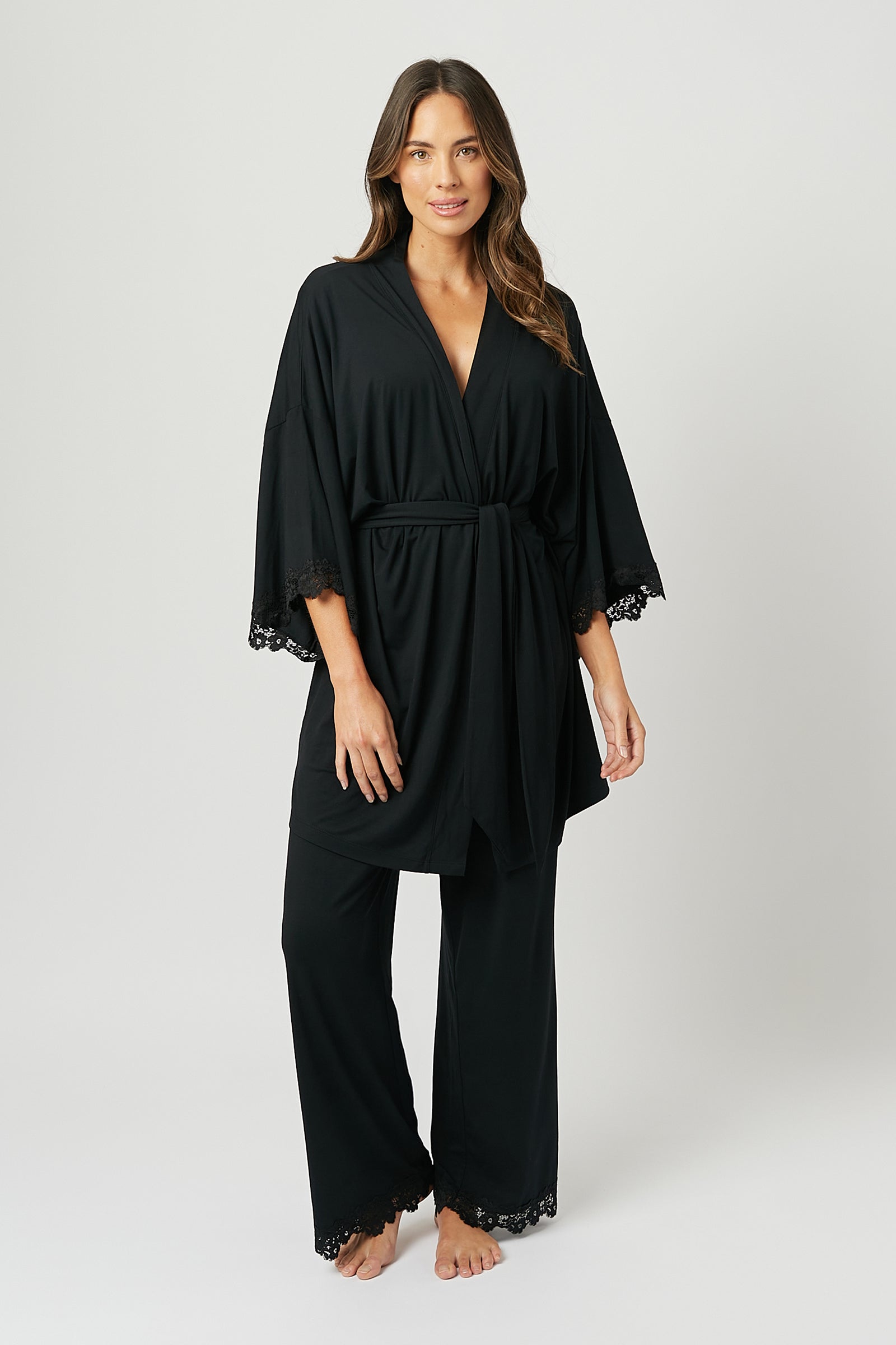 Lace Trim Modal Full Length Pyjama Set BLACK