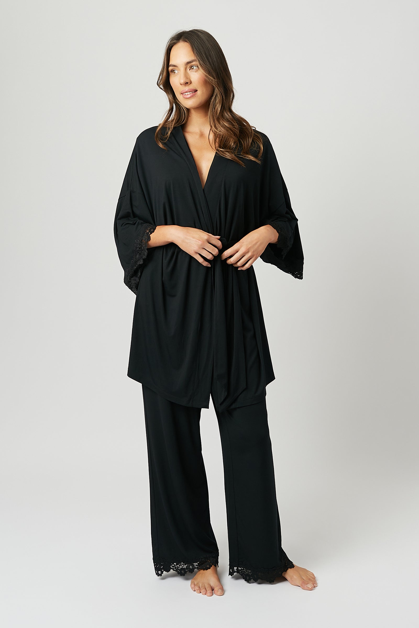 Lace Trim Modal Full Length Pyjama Set BLACK
