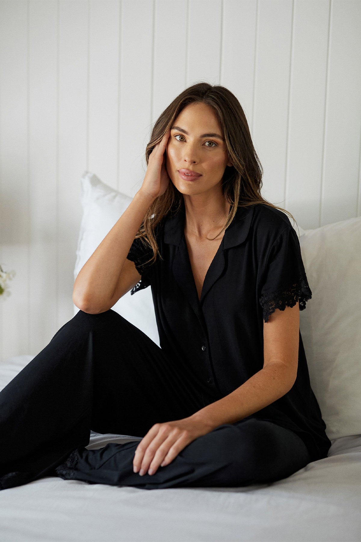 Lace Trim Modal Full Length Pyjama Set BLACK